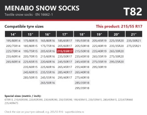 Lanturi auto textile, huse antiderapante 215/55 R17, Menabo Snow Socks, omologate, T82