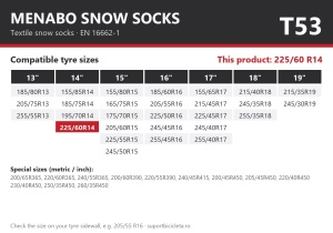 Lanturi auto textile, huse antiderapante 225/60 R14, Menabo Snow Socks, omologate, T53