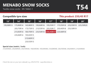 Lanturi auto textile, huse antiderapante 235/45 R17, Menabo Snow Socks, omologate, T54