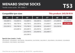 Lanturi auto textile, huse antiderapante 245/30 R19, Menabo Snow Socks, omologate, T53