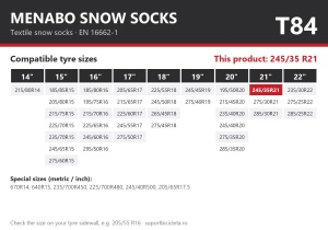 Lanturi auto textile, huse antiderapante 245/35 R21, Menabo Snow Socks, omologate, T84