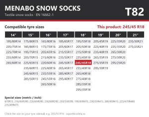 Lanturi auto textile, huse antiderapante 245/45 R18, Menabo Snow Socks, omologate, T82