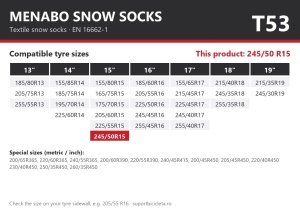 Lanturi auto textile, huse antiderapante 245/50 R15, Menabo Snow Socks, omologate, T53