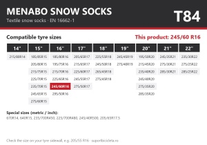 Lanturi auto textile, huse antiderapante 245/60 R16, Menabo Snow Socks, omologate, T84