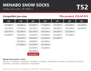 Lanturi auto textile, huse antiderapante 255/45 R15, Menabo Snow Socks, omologate, T52
