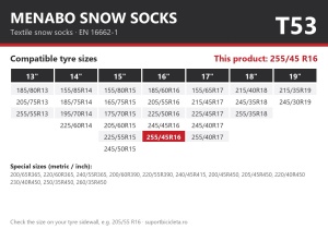 Lanturi auto textile, huse antiderapante 255/45 R16, Menabo Snow Socks, omologate, T53
