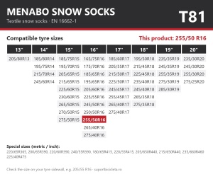 Lanturi auto textile, huse antiderapante 255/50 R16, Menabo Snow Socks, omologate, T81