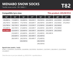 Lanturi auto textile, huse antiderapante 265/60 R14, Menabo Snow Socks, omologate, T82