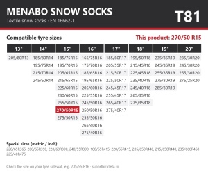Lanturi auto textile, huse antiderapante 270/50 R15, Menabo Snow Socks, omologate, T81