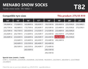 Lanturi auto textile, huse antiderapante 275/35 R19, Menabo Snow Socks, omologate, T82