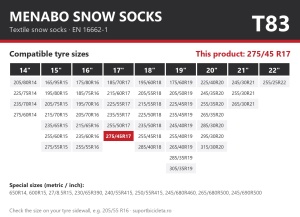 Lanturi auto textile, huse antiderapante 275/45 R17, Menabo Snow Socks, omologate, T83