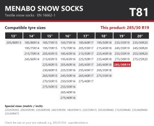 Lanturi auto textile, huse antiderapante 285/30 R19, Menabo Snow Socks, omologate, T81
