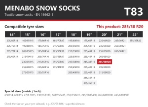 Lanturi auto textile, huse antiderapante 285/30 R20, Menabo Snow Socks, omologate, T83