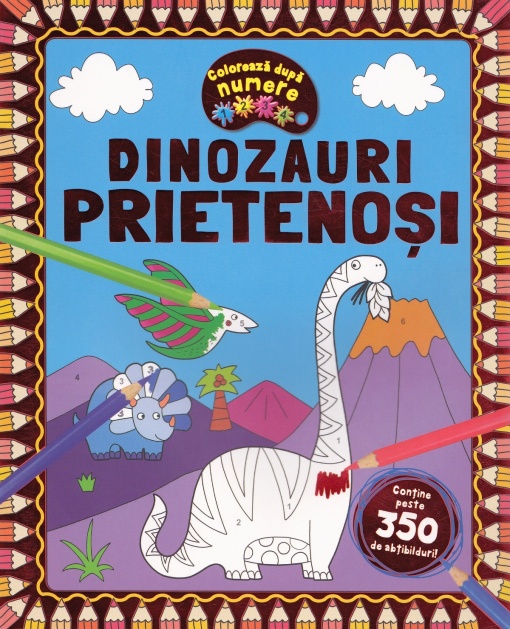 Dinozauri prietenosi - Coloreaza dupa numere + Abtibilduri