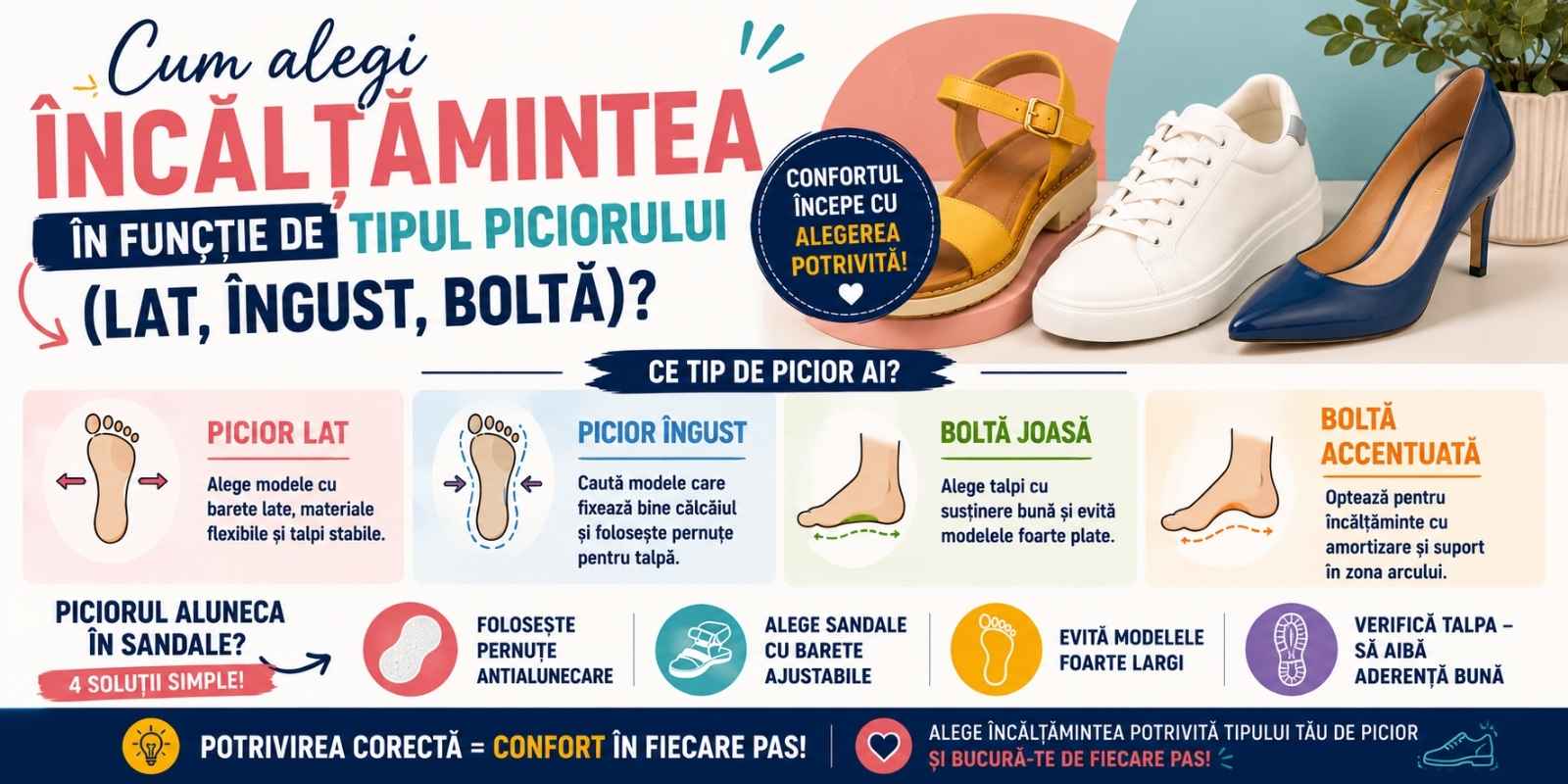 Cum alegi incaltamintea in functie de tipul piciorului (lat, ingust, bolta)?