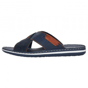 Papuci barbati, Rieker, 21098-14-Albastru, casual, piele naturala, cu talpa joasa, albastru