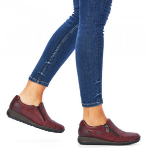 Pantofi dama Rieker 44265-35-Bordo casual piele naturala impermeabil cu talpa joasa bordo