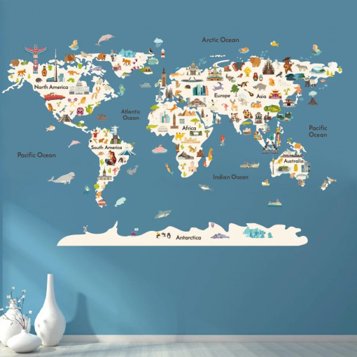 Sticker perete copii - Harta lumii animata