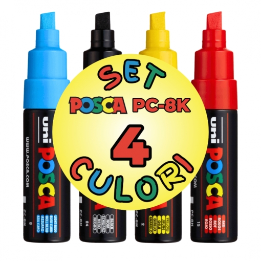 Marker UNI Posca PC-8K, varf tesit, 8.0mm, set 4 culori