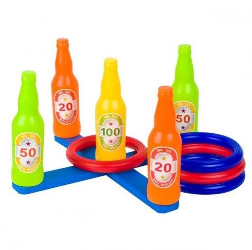 Joc de aruncat cu sticle din plastic colorate si 4 inele