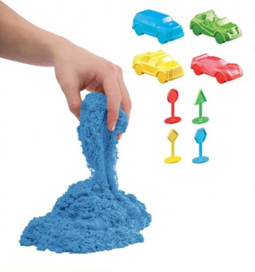 Set joc creatie nisip kinetic albastru cu 8 forme de construit, 650gr, +3 ani