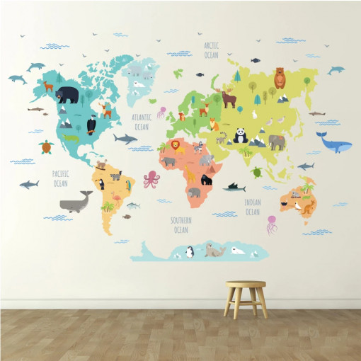Sticker perete copii - Sticker educativ harta lumii