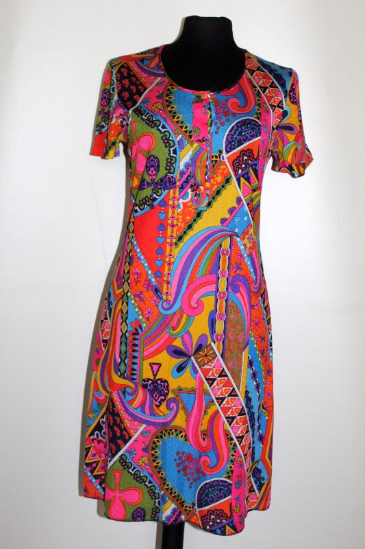 Rochie vintage psihedelic multicolor anii ’70 – nylon retro vibrant - Img 1