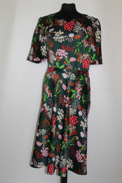 Rochie vintage verde smarald cu print floral multicolor – anii ’70 - Img 1