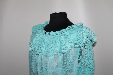 Rochie vintage de ocazie Kleemeier Hof – dantelă verde caraibe, anii ’70 - Img 6