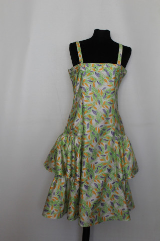 Rochie vintage print frunze și volane anii ’80 – bumbac satinat, stil retro