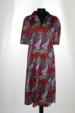 Rochie vintage print vegetal cărămiziu cu violet și oliv – anii ’70