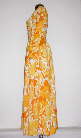 Rochie de seara vintage din matase naturala cu flori portocalii anii '60