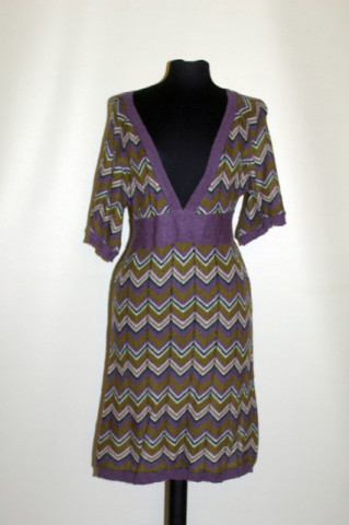 Rochie tricotată ajurată violet-oliv – repro anii ’70, stil retro lejer