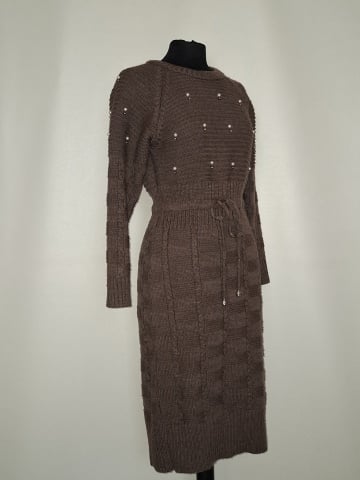 Rochie tricotată maro repro anii 70, broderie și cordon - Img 4