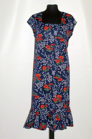 Rochie vintage bleumarin cu flori roșii – anii ’70