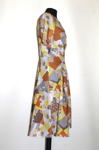 Rochie vintage cu print floral și geometric – anii ’70, tonuri galben-portocaliu - Img 3