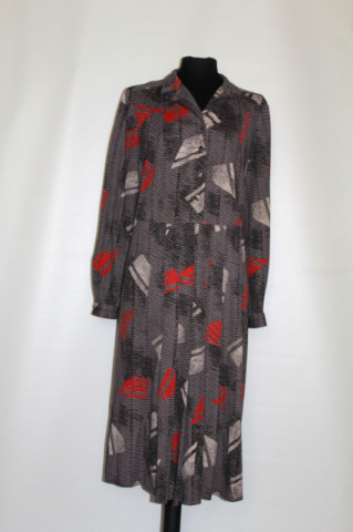 Rochie vintage print grafic gri – anii ’70, stil midi elegant