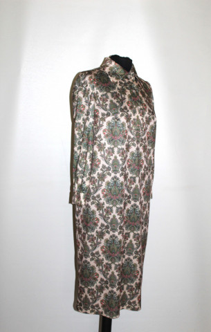 Rochie vintage print oriental verde anii ’70 – poliester fin, nasturi lucite - Img 4