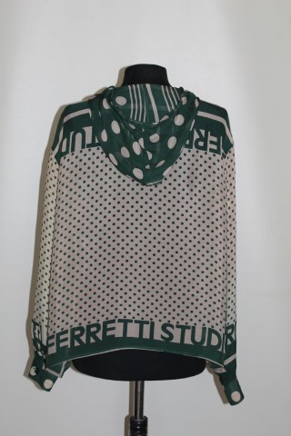 Cămașă buline și logo Alberta Ferretti – chiffon verde & ivoire, vintage designer - Img 3