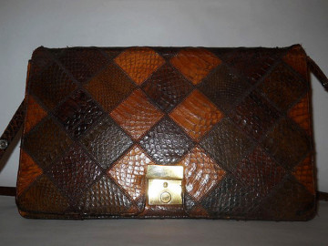 Poseta vintage patchwork piele de sarpe maro anii '70