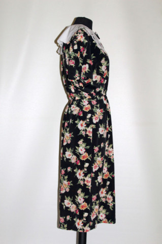 Rochie neagra vintage cu guleraș alb print floral anii '80 - Img 2