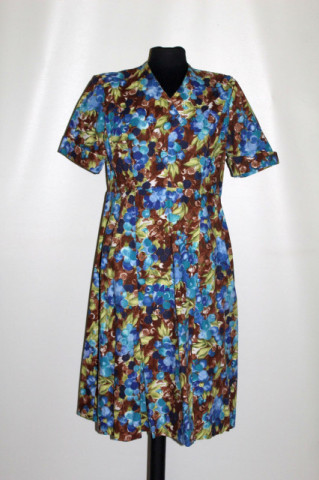 Rochie print floral albastru și maro anii 50