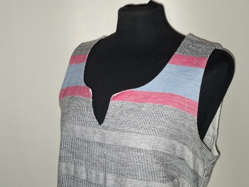 Rochie Rick Cardona repro anii 70, dungi gri, bleu și roz - Img 6