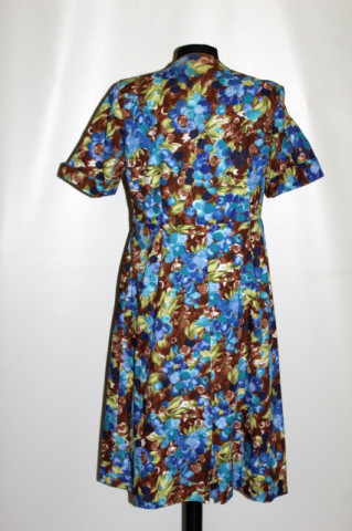 Rochie print floral albastru și maro anii 50