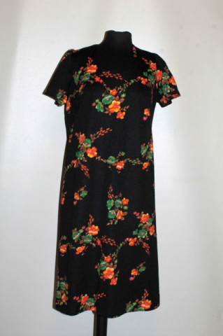 Rochie vintage – print floral portocaliu și verde, anii ’60‑’70