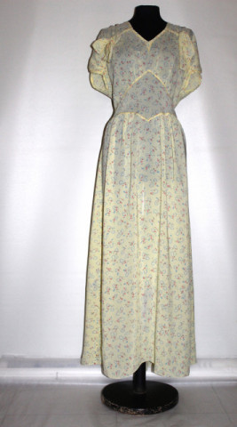 Rochie vintage anii ’30 cu motive vegetale pe fond galben