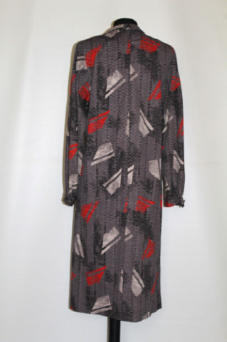 Rochie vintage print grafic gri – anii ’70, stil midi elegant - Img 3
