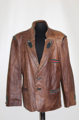 Jachetă din piele stil tirolez maro cu ornamente roșii și verzi – anii ’80