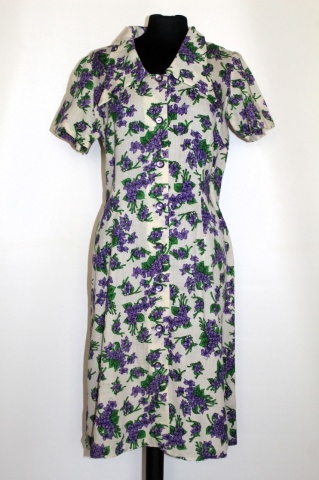 Rochie vintage din lână cu flori violet – anii ’60, realizată manual