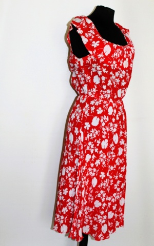 Rochie vintage roșie din bumbac – anii ’70, print floral alb - Img 6